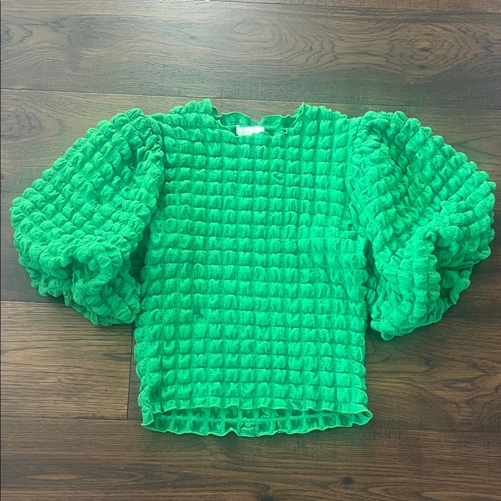 Anthropologie Green Textured Puff Sleeve Top